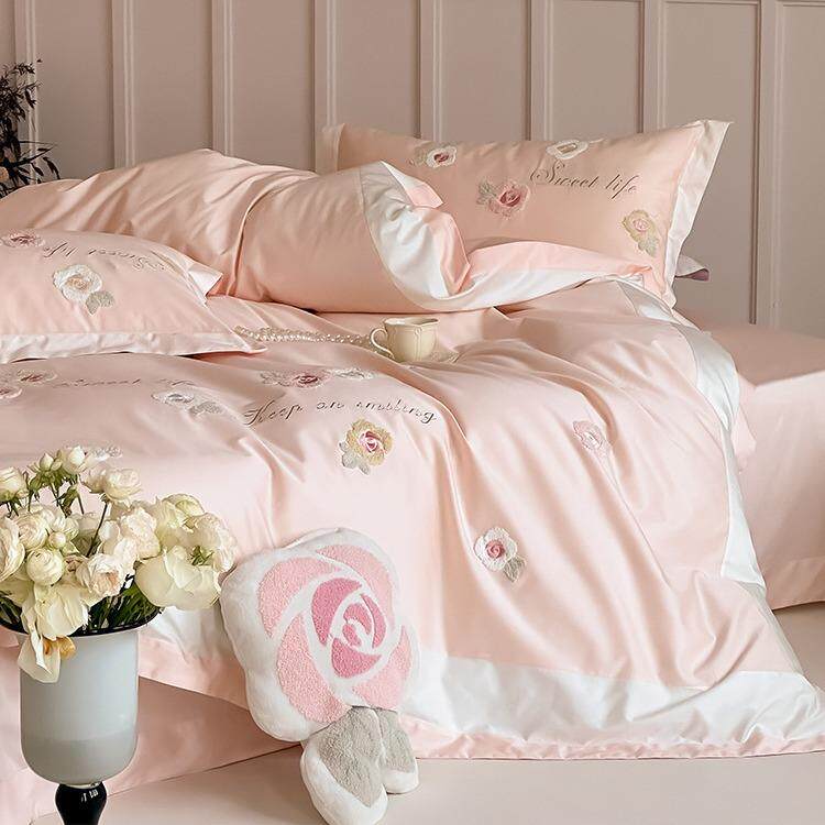 清新少女风100支长绒棉四件套纯棉贡缎被套全棉立体花朵毛巾绣1.8