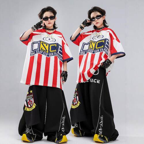儿童街舞潮服嘻哈男童红白条纹短袖表演服套装hiphop男孩潮牌童装