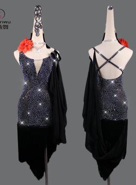 高档镶新款拉丁o舞比赛服sol钻演出装表服演成人少女童高级黑色流