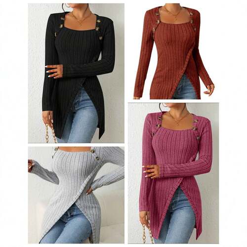 Women's Plain Button Ribbed Sweater Casual Long Sleeve