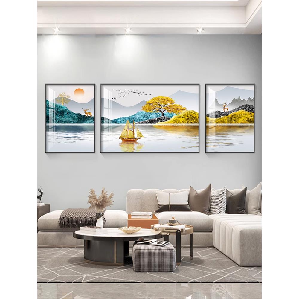 客厅装饰画无障碍豪华现代新中国风山水画沙发背景墙壁画水晶瓷画