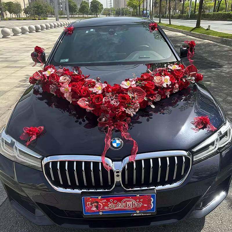 复古红大V高级婚车装饰车头花结婚车队仿真花布置头车花吸盘拉花