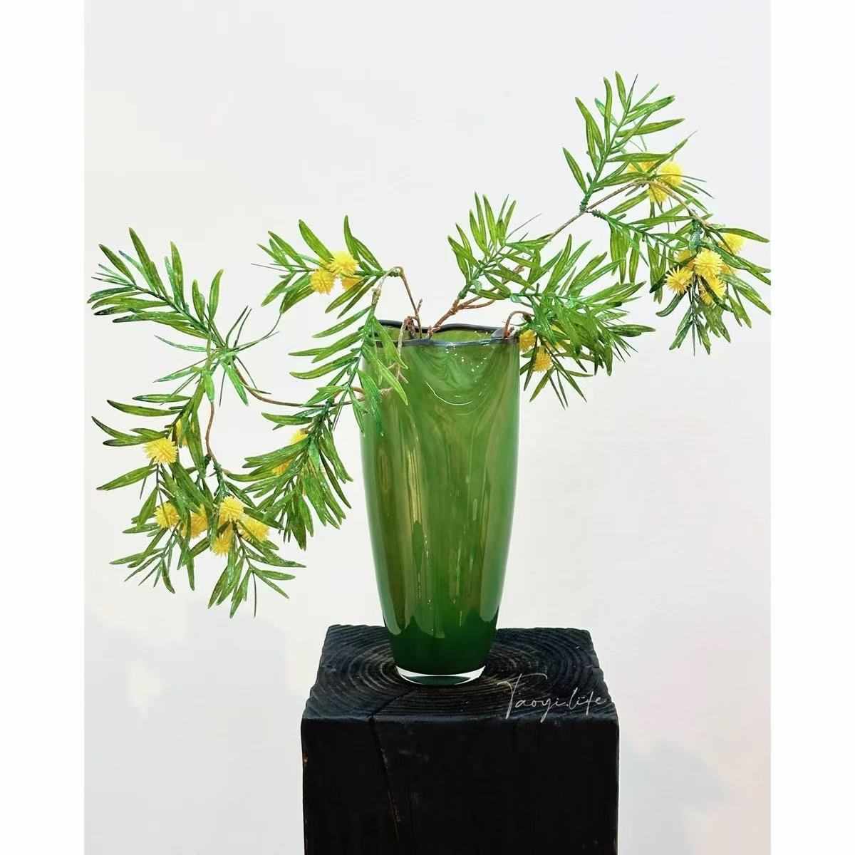 中古四叶草绿色手工琉璃白菜花瓶玄关餐桌客厅复古花器新中式摆件