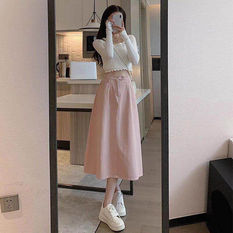 粉色牛仔半身裙女春秋季2026新款多巴胺高腰a字裙中长款伞裙半裙