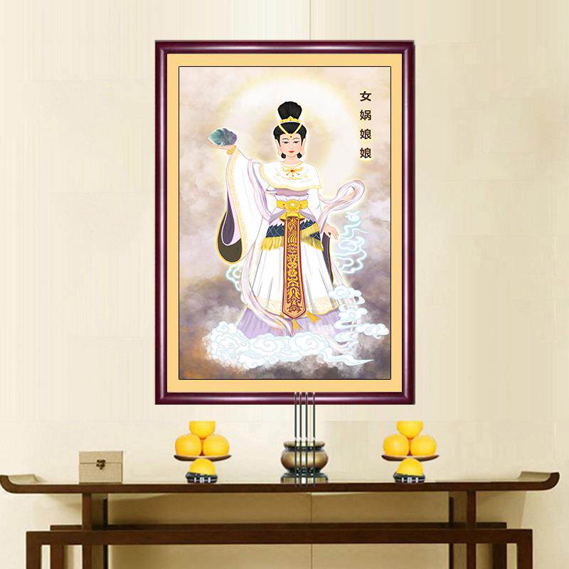 新款女娲娘娘画像女娲补天神仙画娲皇坐像挂画托天老母晶瓷装饰画
