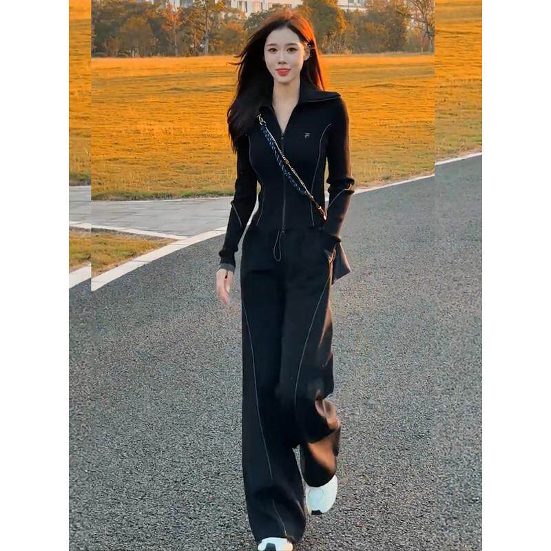 休闲运动套装女2026新款洋气减龄宽松设计感立领卫衣阔腿裤两件套