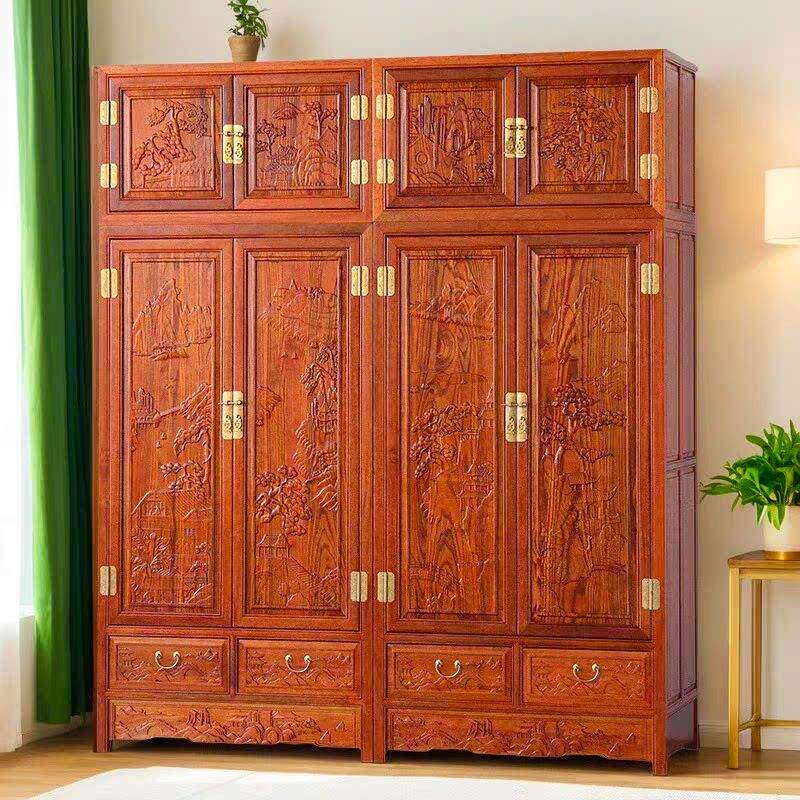 新中式实木两门顶箱柜雕花大衣柜衣帽收纳柜卧室家用清明古典家俱