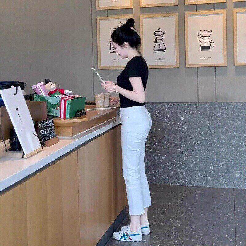 潮牌夏季新款纯色女直筒牛仔裤薄款小个子九分高腰窄版烟管法棍裤