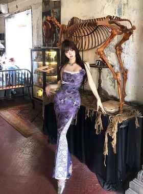 南理香漫野栖蝶 轻熟风紫色连衣裙女夏季收腰包臀吊带裙蕾丝长裙