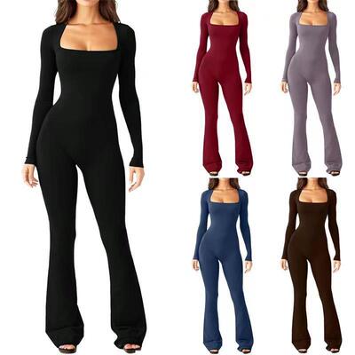 Women Plain Slim Overalls Jumpsuit Unique Sleeve One Pants