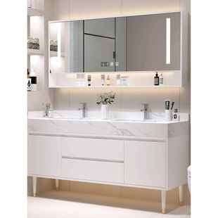 定制双盆洗脸盆柜组合简单地板柜奶油风格浴室柜板岩陶瓷无缝洗脸