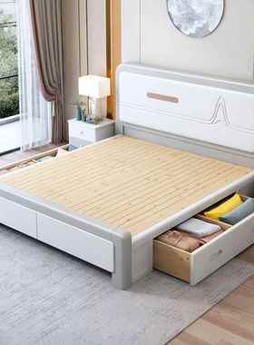 实木床轻奢简1约现代.5米室简约1.FDF米双人床气压储物床卧8主卧