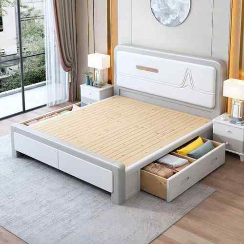 实木床轻奢简1约现代.5米室简约1.FDF米双人床气压储物床卧8主卧