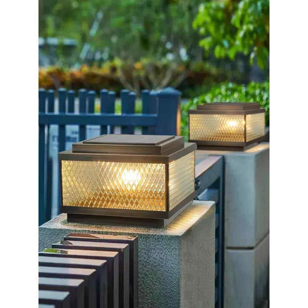 全铜太阳能柱头灯户外庭院灯简约防水别墅围墙灯柱子灯花园门柱灯