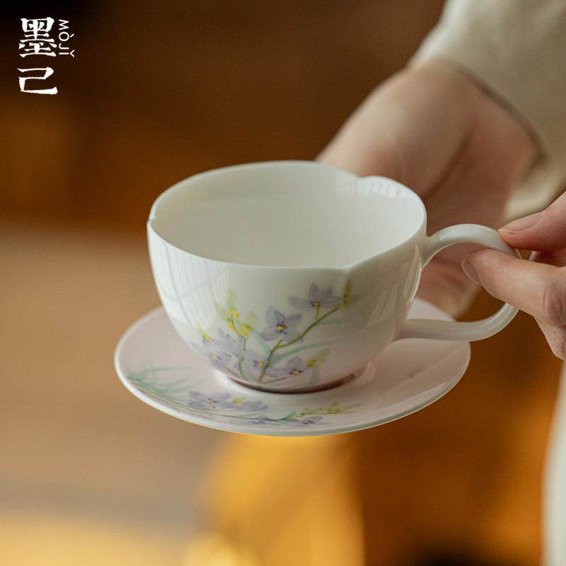 墨己陶瓷花口手绘咖啡杯两件套家用下午茶杯花茶杯办公室马克杯