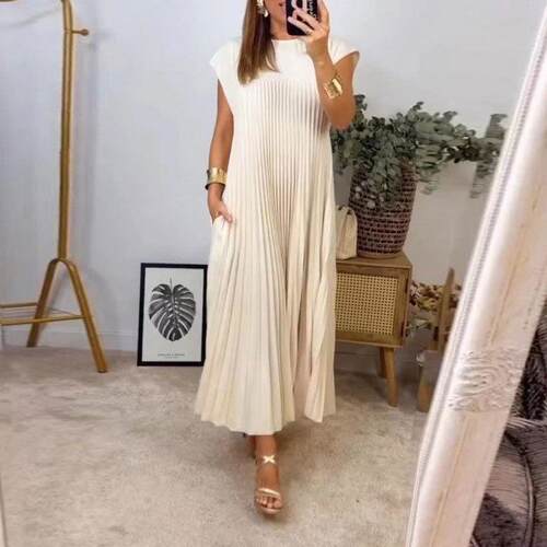 Women Chic Color Pleated Fitted Dress Casual Wear Relaxed
