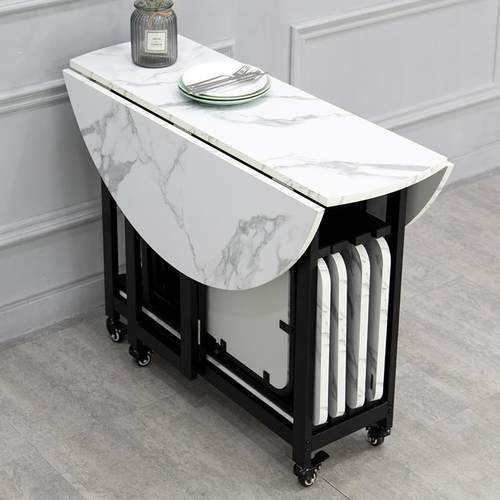 W圆折叠桌餐桌家用仿F76JSM7H大理石面移7动圆形桌小户型桌椅组合