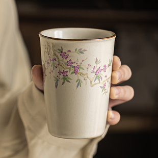 米黄汝窑粉桃可乐杯开片可养陶瓷主人杯个人茶杯家用大容量水杯子