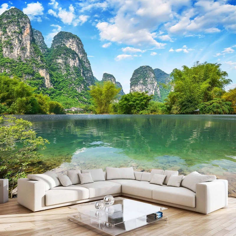 桂林山水大型壁画客厅沙发电视背景墙布山清水秀漓江风景墙纸定制