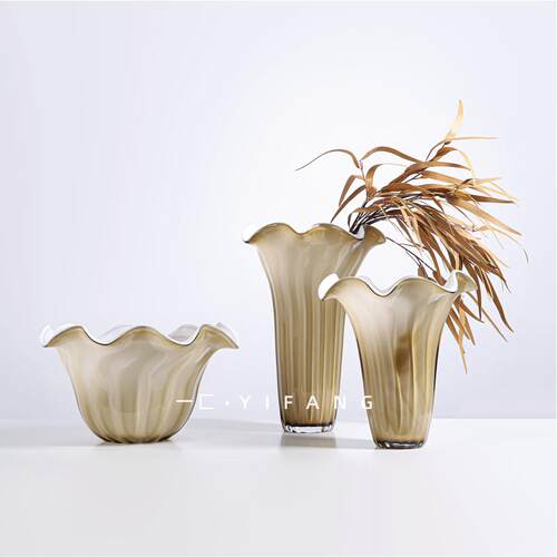 一匚样板间轻奢黄色花边琉璃花器样品屋展示中心客厅书房餐桌花瓶