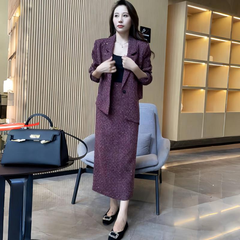 新品女神范时尚气质套装裙女春秋季新款烫钻西装外套开叉半身裙两