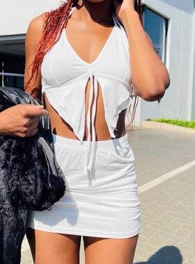 Solid Color Asymmetrical Hem Tube Top & Skirt Two-piece Set