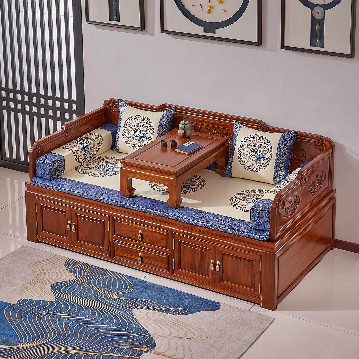 小户型罗汉床新中式实木箱体沙发老榆木罗汉床榻原木覆古客厅家俱