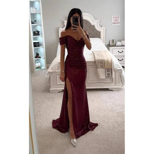 Womens Homecoming Dresses Off Shoulder Sequined Mermaid