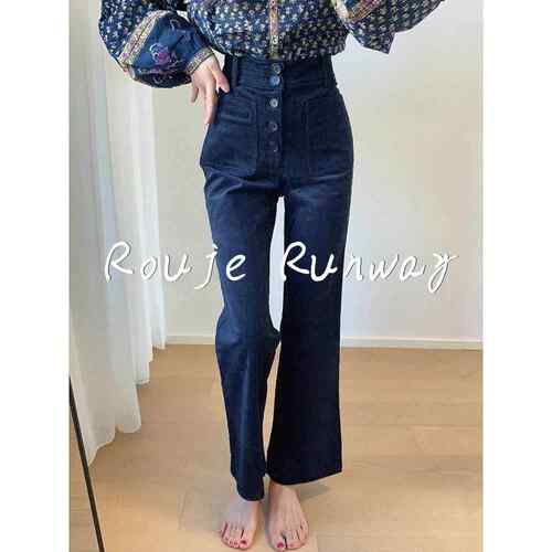 法式Rouje Runway覆古深蓝色纽扣设计高腰灯芯喇裤小个子长裤女