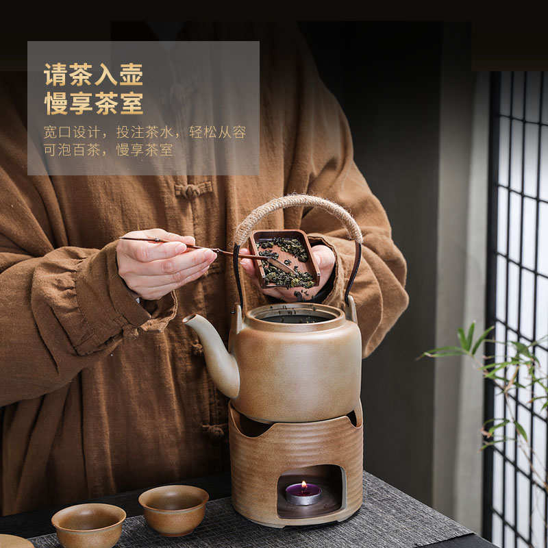 柴烧围炉煮茶手提梁壶复古粗陶户外家用柴火蜡烛明火温煮泡茶茶炉