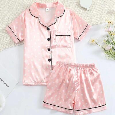 Summer Kids Girls Pajamas Set Heart Print Stain Silk Top Pan