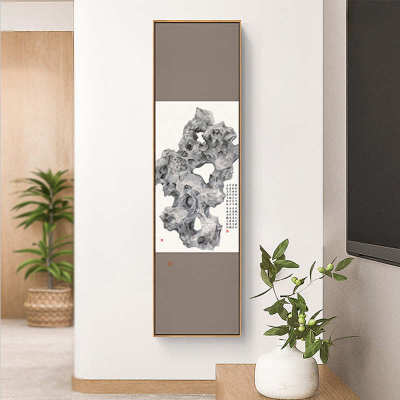 挂画竖玄关 走廊太湖石版长条尽头意象禅意别墅新中式装饰画壁画