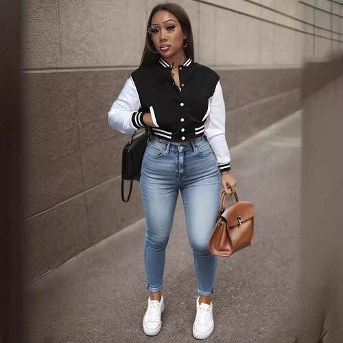 Women's color blocked jacket, letter baseball jacket,