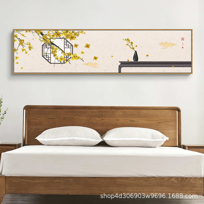 新中式卧室横幅荷花壁画现代简约床头装饰画书房主卧背景墙面挂画图片