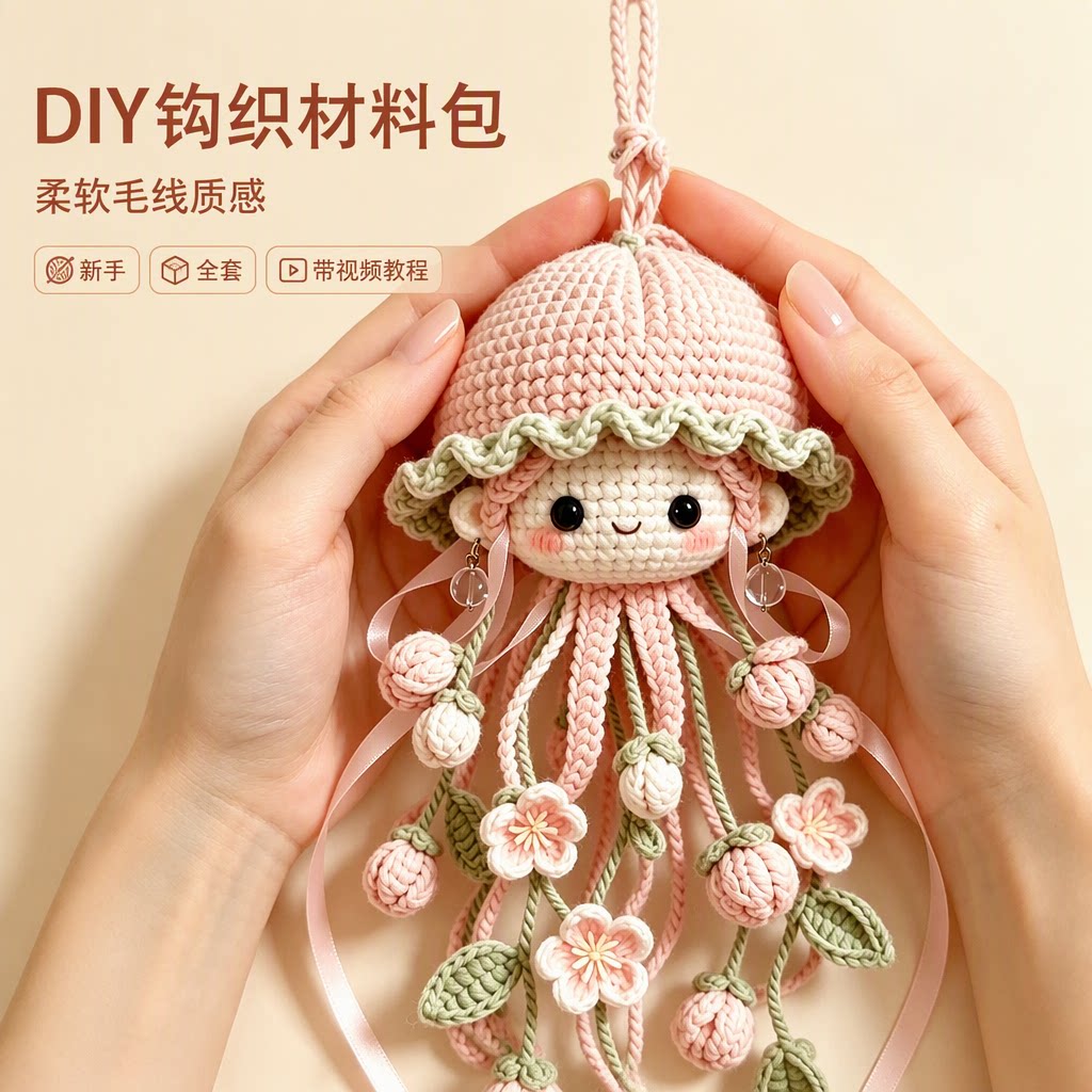 槐海精灵DIY钩织材料包水母娃娃挂件新手毛线多色全套带视频教程