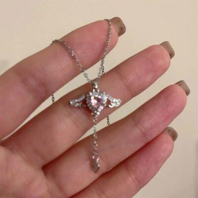 Crystal Angel Wings Heart Pendant Necklace Y2K Girl Simple P