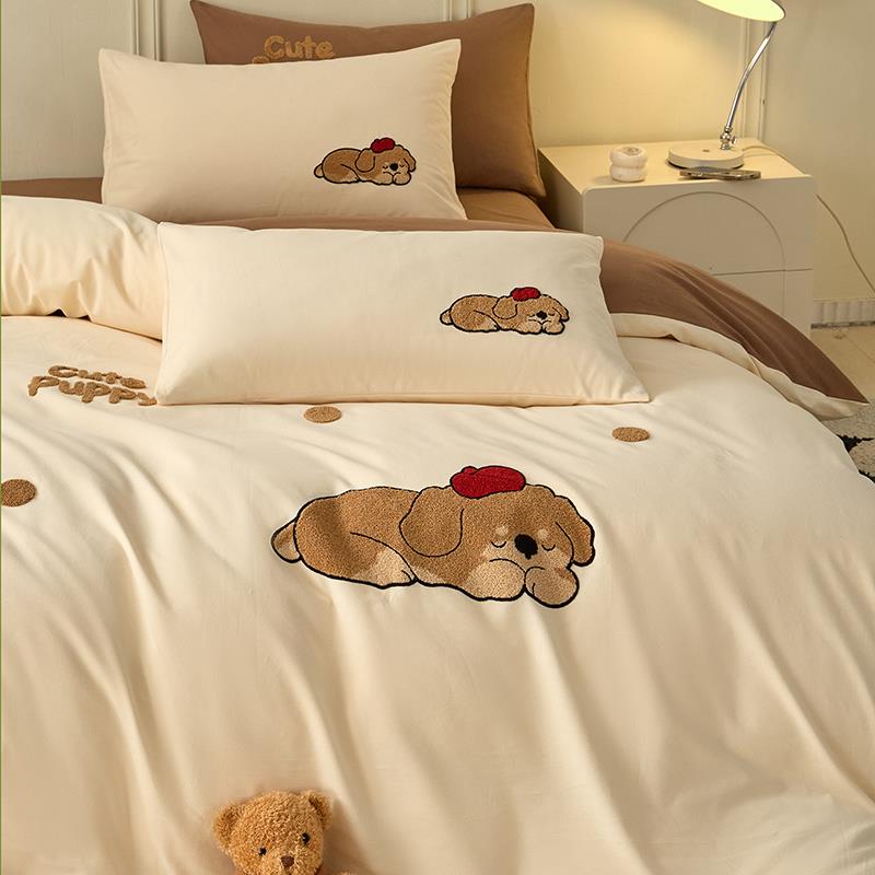 秋冬A类纯棉加厚磨毛床上四件套100全棉毛巾绣卡通被套床单人床品