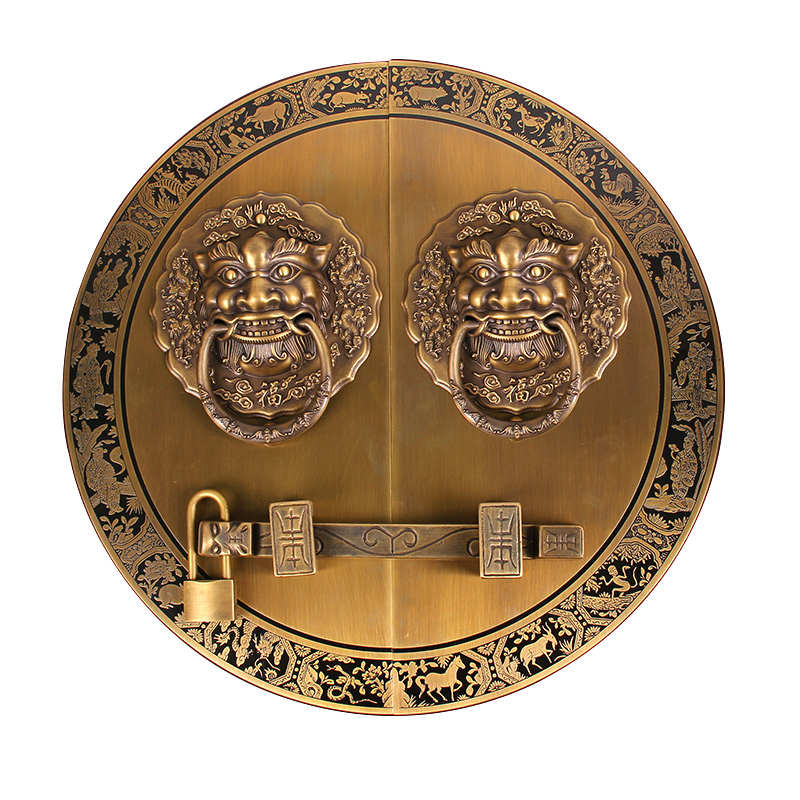 中式仿古纯铜大门兽头拉手门把手狮子头虎头门环复古实木门栓插销