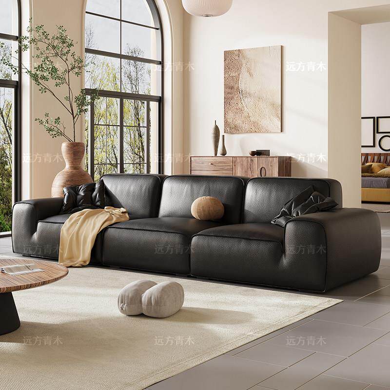 意式轻奢全真皮大黑牛沙发客厅三人位极简直排沙发豆腐块皮艺沙发