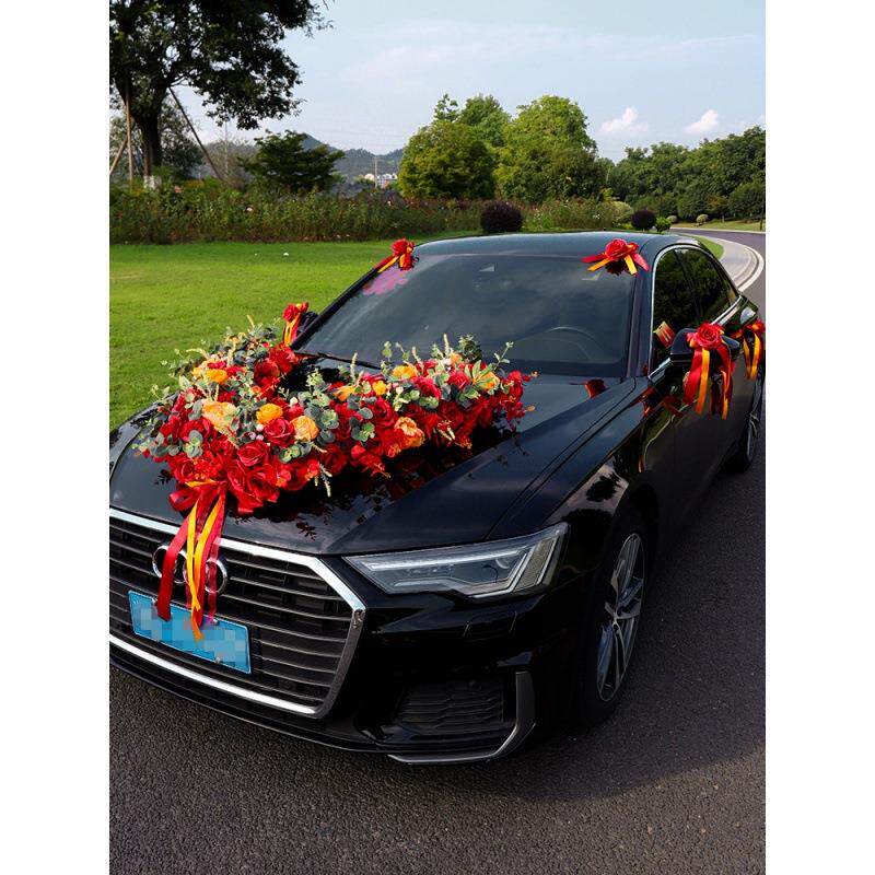 婚车主车装饰高级简单大气车头花大v婚礼头车布置仿真花全套装花