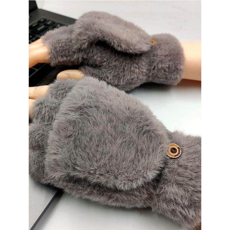 冬季男女半指翻盖手套貂绒针织毛线加绒加厚手套加绒保暖写字办公