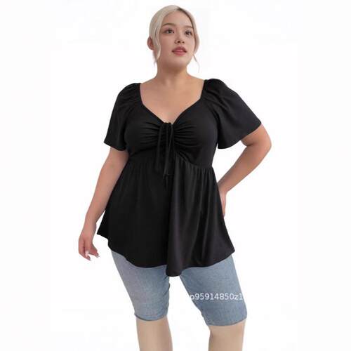 Women Plus Size Sweetheart Neck Short Sleeve Shirred Peplum
