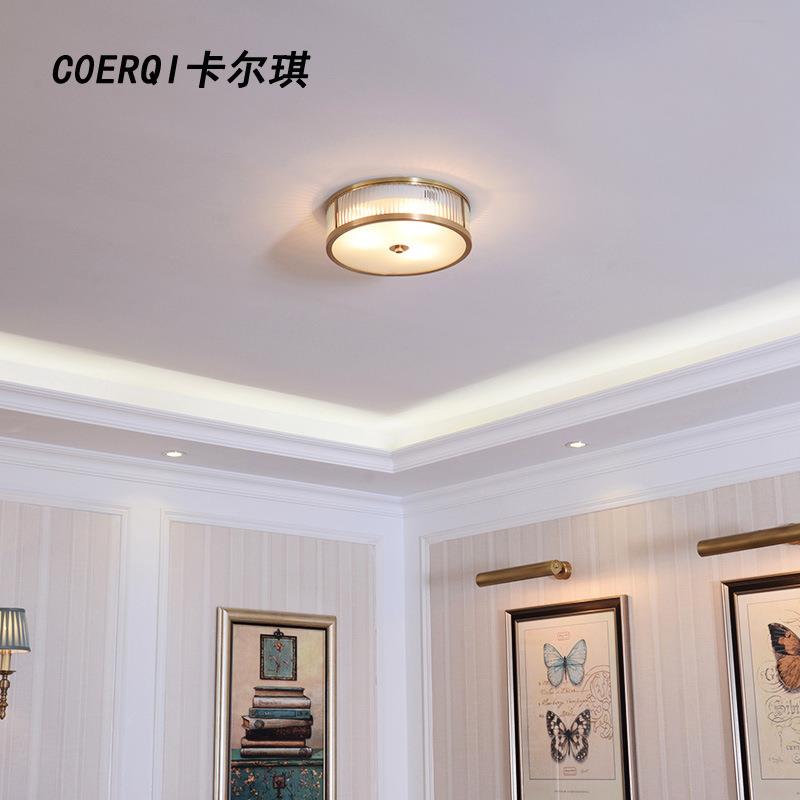 led卧室书房灯具欧式阳台玄关纯铜灯饰 美式乡村全铜吸顶灯圆形