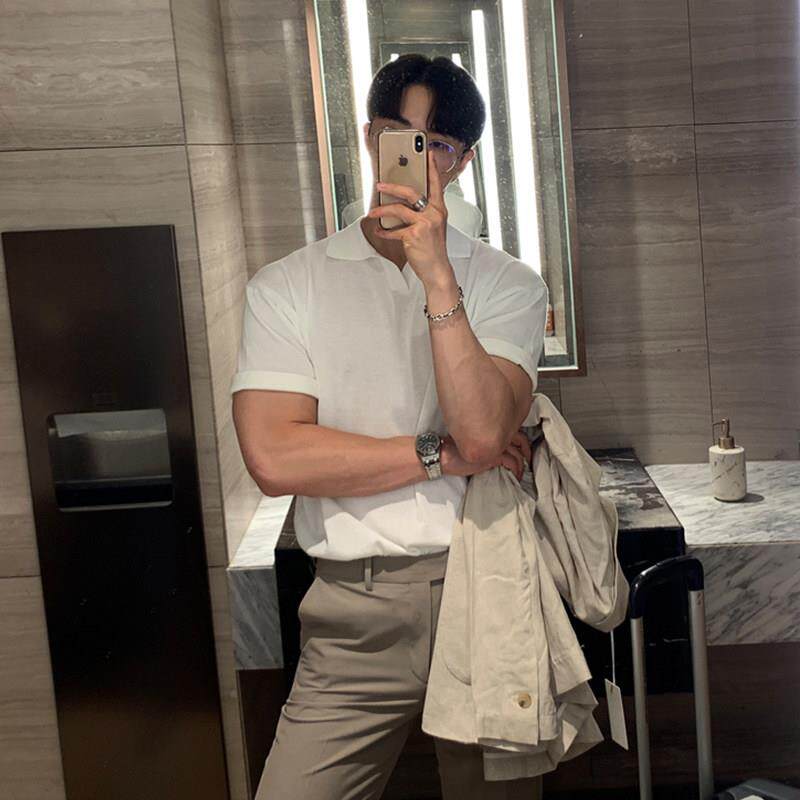 男士宽松翻领短袖polo衫美式针织男薄款修身小v设计感t恤韩国半袖