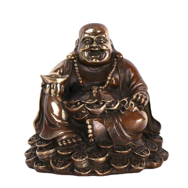 铜仿古做旧弥勒佛摆件托元宝笑佛工艺品居家店铺装饰品
