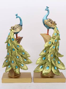 跨境摆件树脂工艺品创意时尚金蓝色孔雀摆件酒柜客厅家居装饰礼品