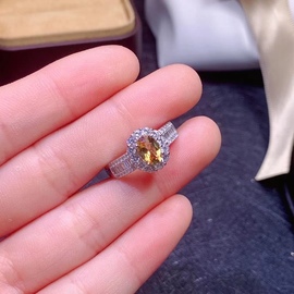 天然巴西黄水晶戒指5*7mm925银镀白金开口戒指，可调节