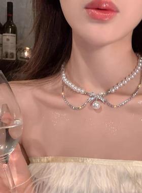 蝴蝶结夸张珍珠项链小众气质项链