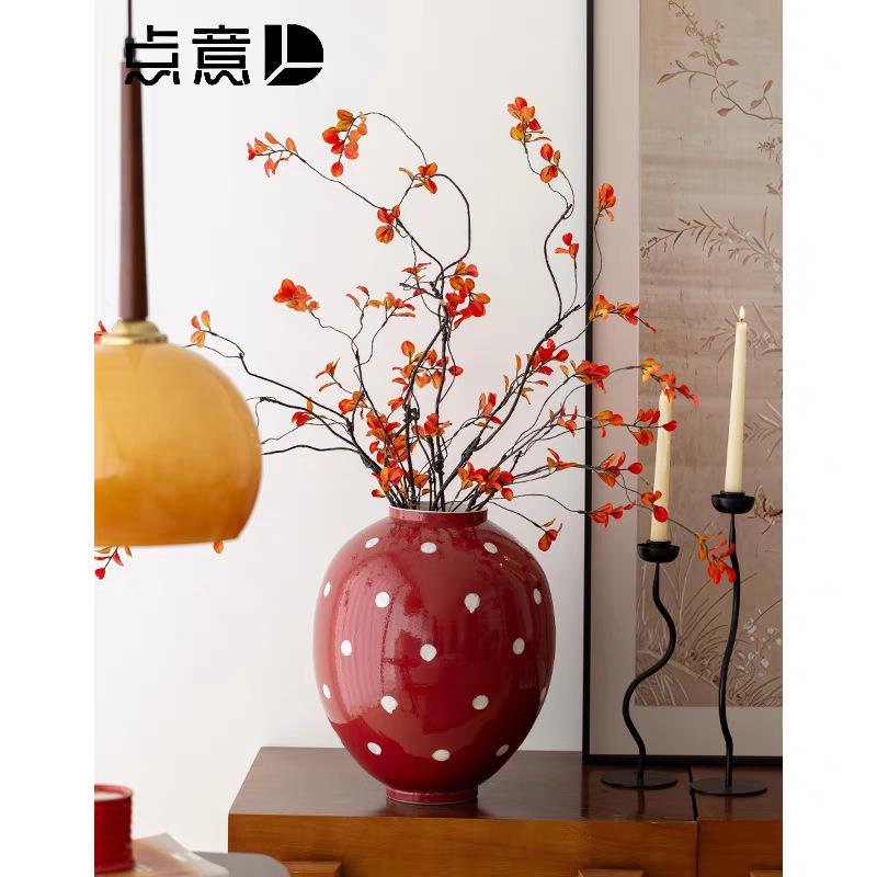 陶瓷花瓶草莓红色波点大肚花器 景德镇摆件复古港水培