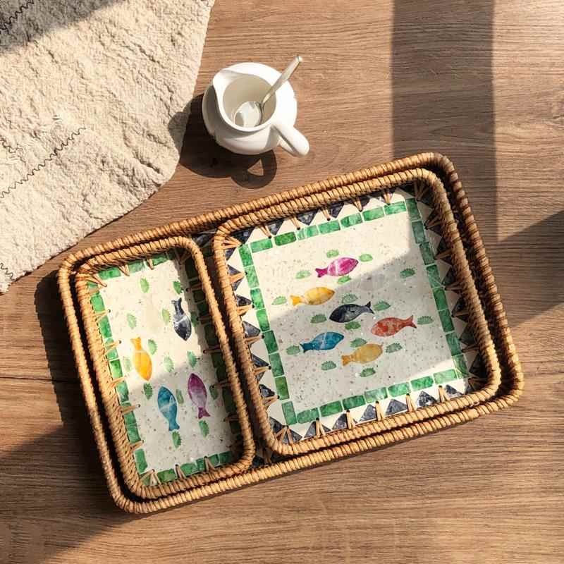 藤编贝壳托盘收纳筐水果餐盘家用客厅餐桌茶几长方形面包篮点心筐